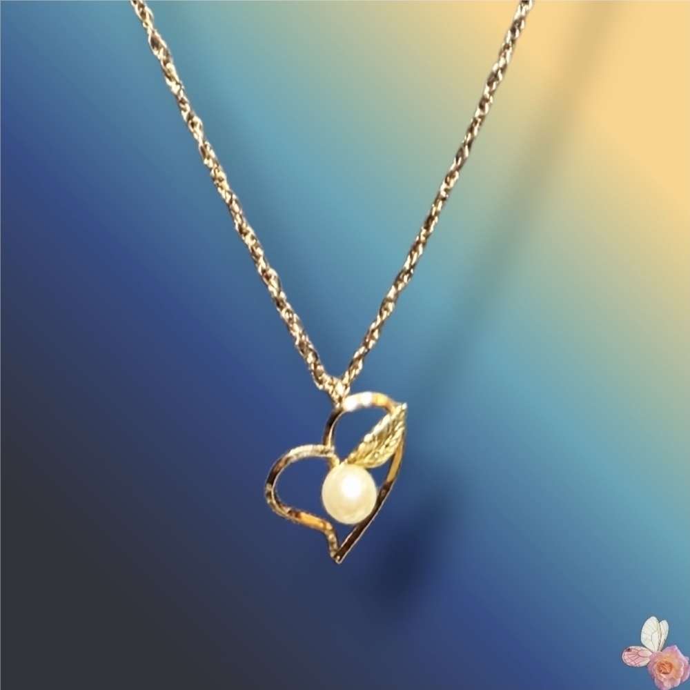 Vintage Krementz Heart Pearl Pendant Necklace Gold Filled 434